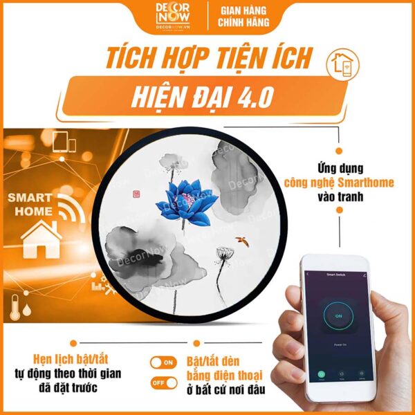 Công nghệ Smarthome trong tranh trúc chỉ in tròn hoa sen xanh dương DecorNow TC542