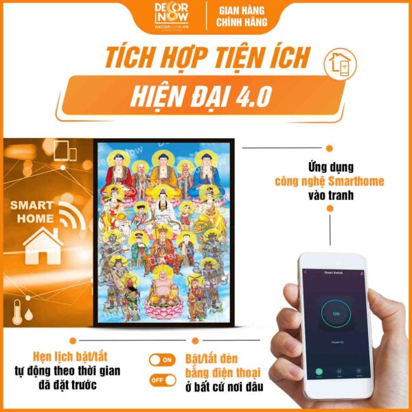 Công nghệ trong tranh đèn hiện đại in đứng treo tường 18 vị Phật DecorNow HD811