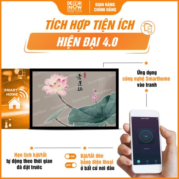 Công nghệ trong tranh treo tường in ngang hiện đại hoa sen chữ Hán DecorNow HD810