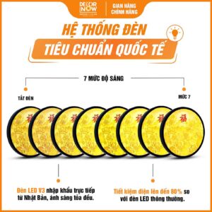 Hệ thống đèn tích hợp trong tranh trúc chỉ in tròn mẫu hoa sen chữ Phúc đỏ DecorNow TC551