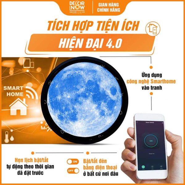 Công nghệ Smarthome trong tranh trúc chỉ in tròn mẫu trăng xanh DecorNow HD821