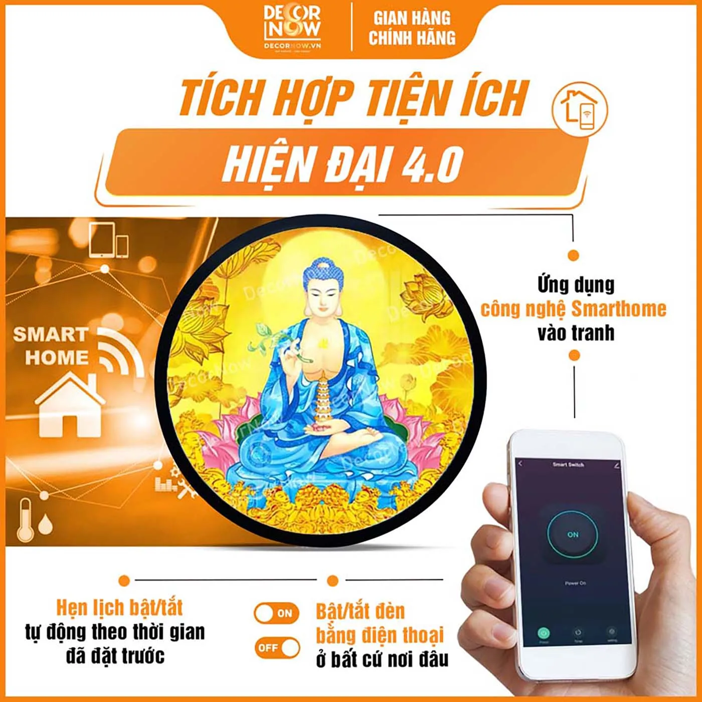Công nghệ Smarthome trong tranh trúc chỉ in tròn Phật Dược Sư DecorNow TC568