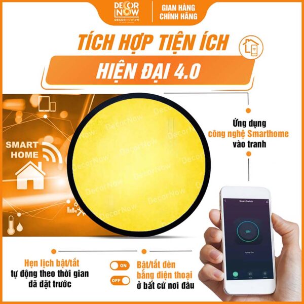 Công nghệ Smarthome trong tranh trúc chỉ in tròn trơn vàng DecorNow TC576