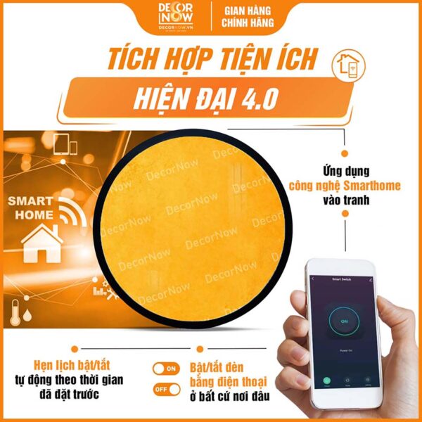 Công nghệ Smarthome trong tranh trúc chỉ in tròn trơn vàng DecorNow TC577