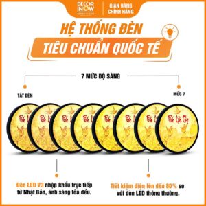 Hệ thống đèn tích hợp trong tranh trúc chỉ in tròn chữ Phúc Lộc Thọ kèm sen hạt DecorNow TC570