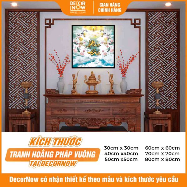 Kích thước tranh trúc chỉ in vuông mây trời chữ Phúc Đức vàng DecorNow HD817