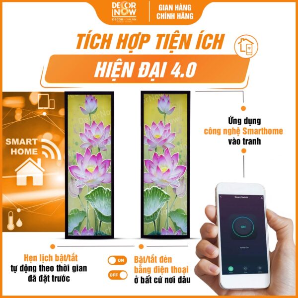 Công nghệ Smarthome tiện lợi trong tranh hoằng pháp đối sen hồng hiện đại DecorNow HD843