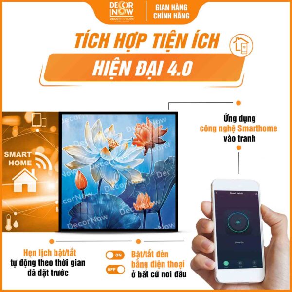 Công nghệ Smarthome tiện lợi trong tranh hoằng pháp vuông sen đào quý phái DecorNow HD885