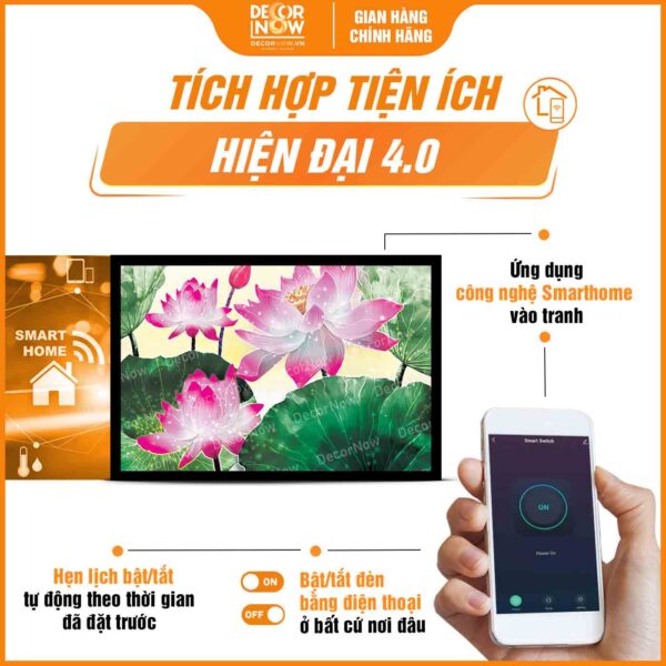 Công nghệ Smarthome trong tranh hoằng pháp ngang sen hồng mềm mại DecorNow HD863