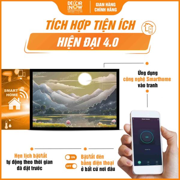 Công nghệ Smarthome trong tranh hoằng pháp ngang Sen và Núi DecorNow HD829