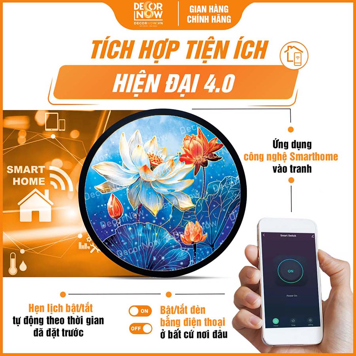 Công nghệ Smarthome trong tranh hoằng pháp tròn sen xanh hy vọng DecorNow HD845