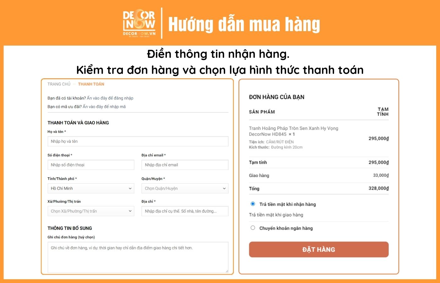 Hướng dẫn mua hàng chọn hình thức thanh toán DecorNow
