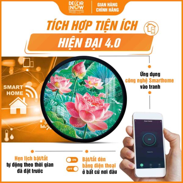 Công nghệ Smarthome trong tranh phong thủy hoa sen hồng DecorNow HD875