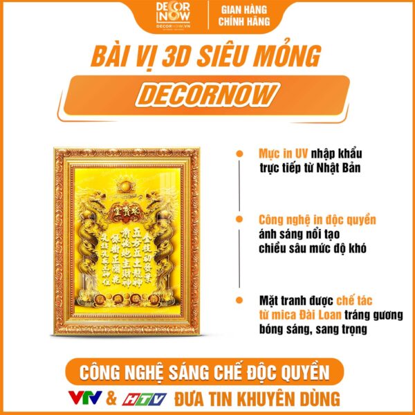 Bề mặt bài vị Thần Tài Thổ Địa 3D siêu mỏng Tiếng Hán Nền Vàng DecorNow TC211