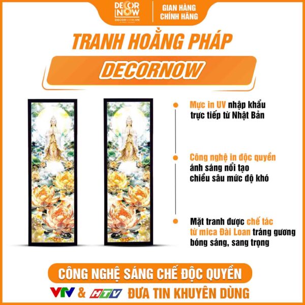 Bề mặt tranh treo tường Phật Bà Quan Âm và hoa sen vàng HD907