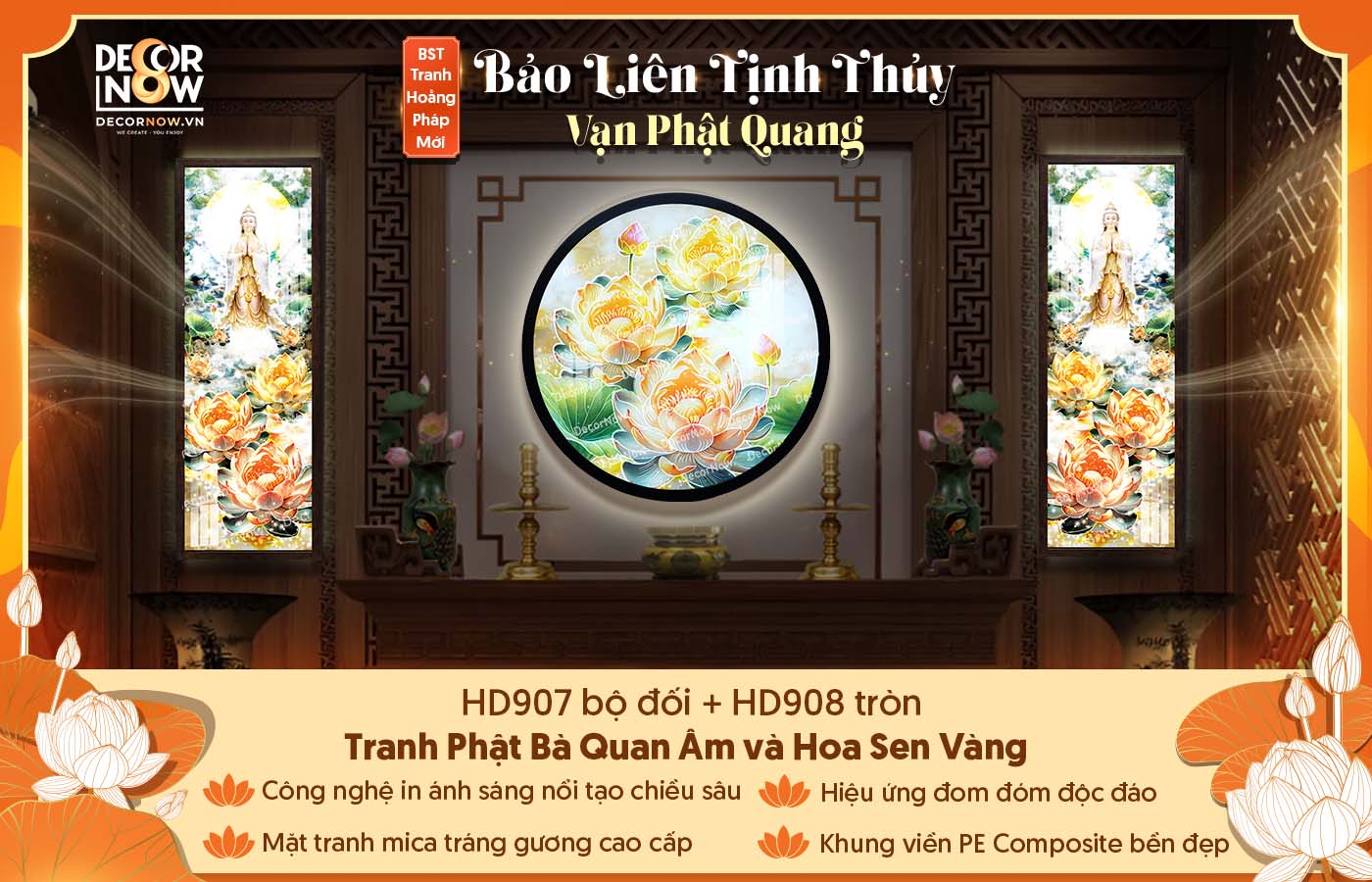 Bộ sưu tập tranh phong thủy Phật Bà Quan Âm hoa sen vàng