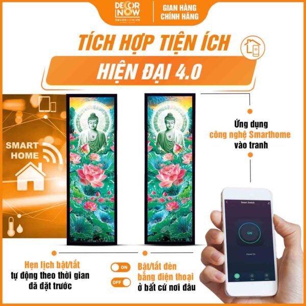 Công nghệ Smarthome trong tranh treo tường Phật A Di Đà và hoa sen hồng DecorNow HD874