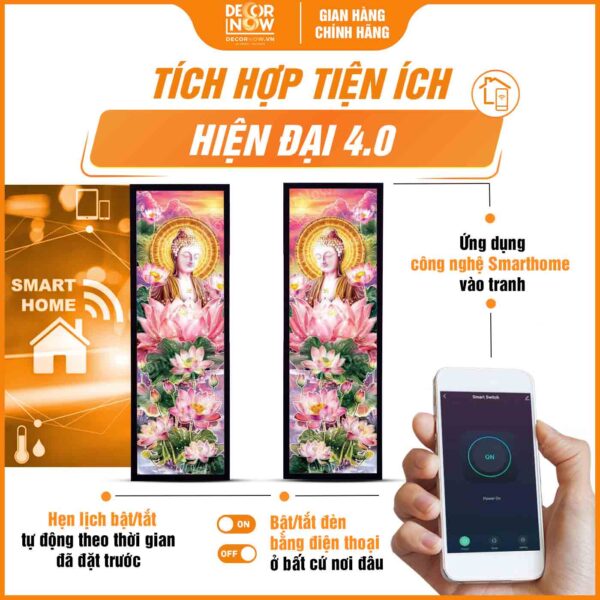 Công nghệ Smarthome trong tranh hoằng pháp đối Phật A Di Đà và hoa sen hồng DecorNow HD872