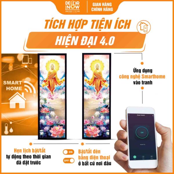 Công nghệ Smarthome trong tranh hoằng pháp đối Phật Thích Ca Mâu Ni đi trên đài hoa sen DecorNow HD901