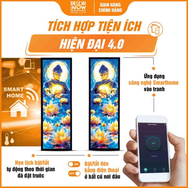 Công nghệ Smarthome trong tranh hoằng pháp đối Phật Thích Ca Mâu Ni hoa sen vàng DecorNow HD870