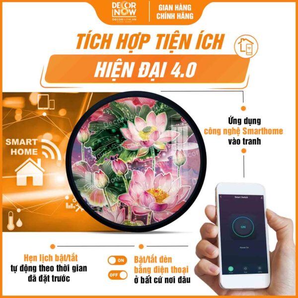 Công nghệ Smarthome trong tranh hoằng pháp tròn hoa sen hồng thanh khiết bình an DecorNow HD873