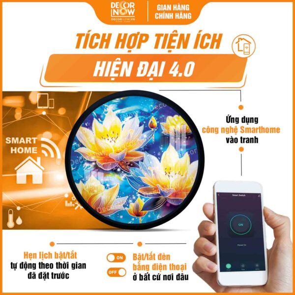 Công nghệ Smarthome trong tranh hoằng pháp tròn hoa sen vàng an lạc hạnh phúc DecorNow HD871