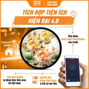 Công nghệ Smarthome trong tranh hoằng pháp tròn hoa sen vàng treo phòng thờ DecorNow HD908