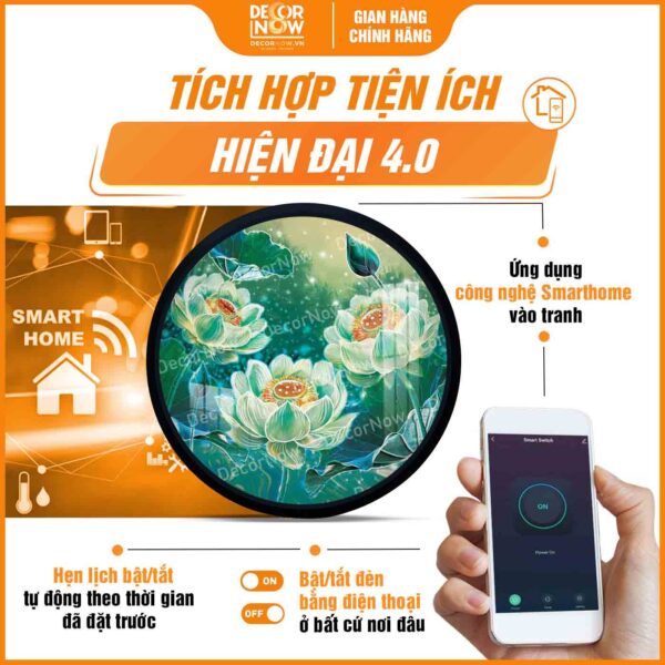 Công nghệ Smarthome trong tranh hoằng pháp tròn hoa sen xanh treo tường HD896