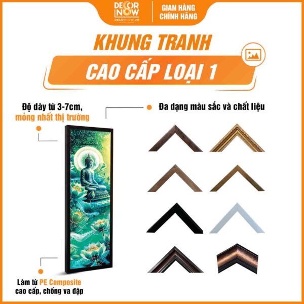 Khung tranh treo tường Phật Thích Ca ngồi thiền cùng hoa sen xanh DecorNow HD895