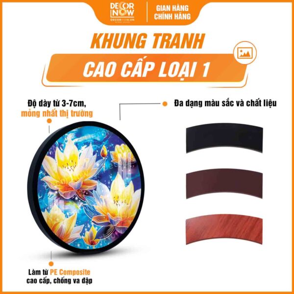 Khung tranh hoằng pháp tròn hoa sen vàng an lạc hạnh phúc DecorNow HD871