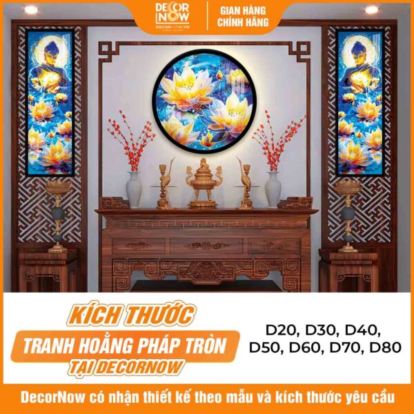 Kích thước tranh hoằng pháp tròn hoa sen vàng an lạc hạnh phúc DecorNow HD871