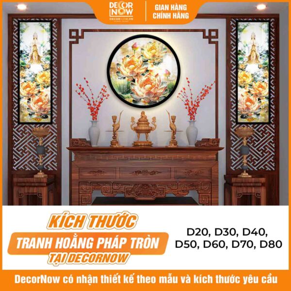 Kích thước tranh hoằng pháp tròn hoa sen vàng treo phòng thờ DecorNow HD908