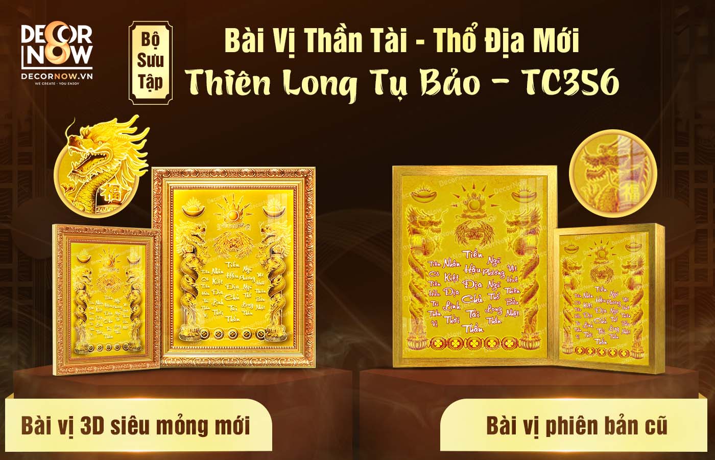 Bài Vị Thần Tài Thổ Địa 3D siêu mỏng Chữ Việt Nền Vàng DecorNow TC356