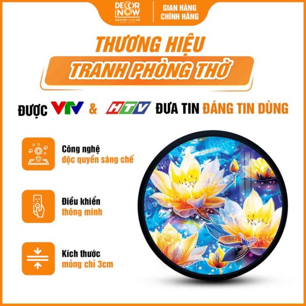 Tổng quan tranh hoằng pháp tròn hoa sen vàng an lạc hạnh phúc DecorNow HD871