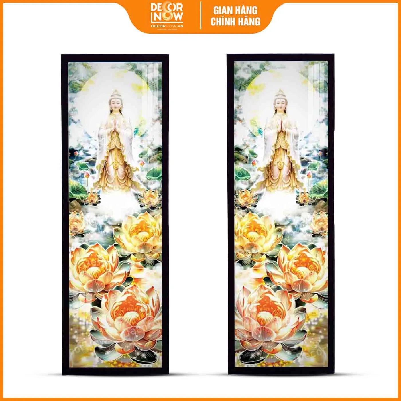 Tranh hoằng pháp đối Phật Bà Quan Âm và hoa sen vàng DecorNow HD907