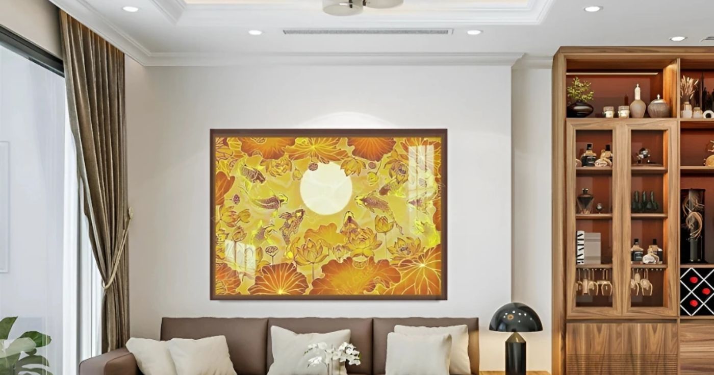 Tranh cá chép – Nguồn năng lượng sống gắn kết nghệ thuật và tâm linh 22 Phòng khách – Tranh cửu ngư quần hội nổi bật