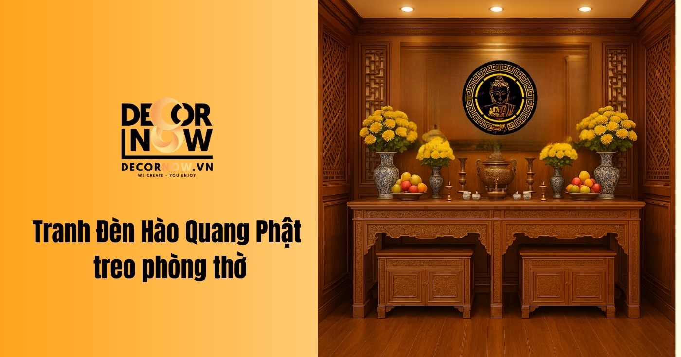 Năm 2025 nên chọn tranh phòng thờ nào? Top 6 mẫu hợp phong thủy nhất 14 Tranh Đèn Hào Quang Phật